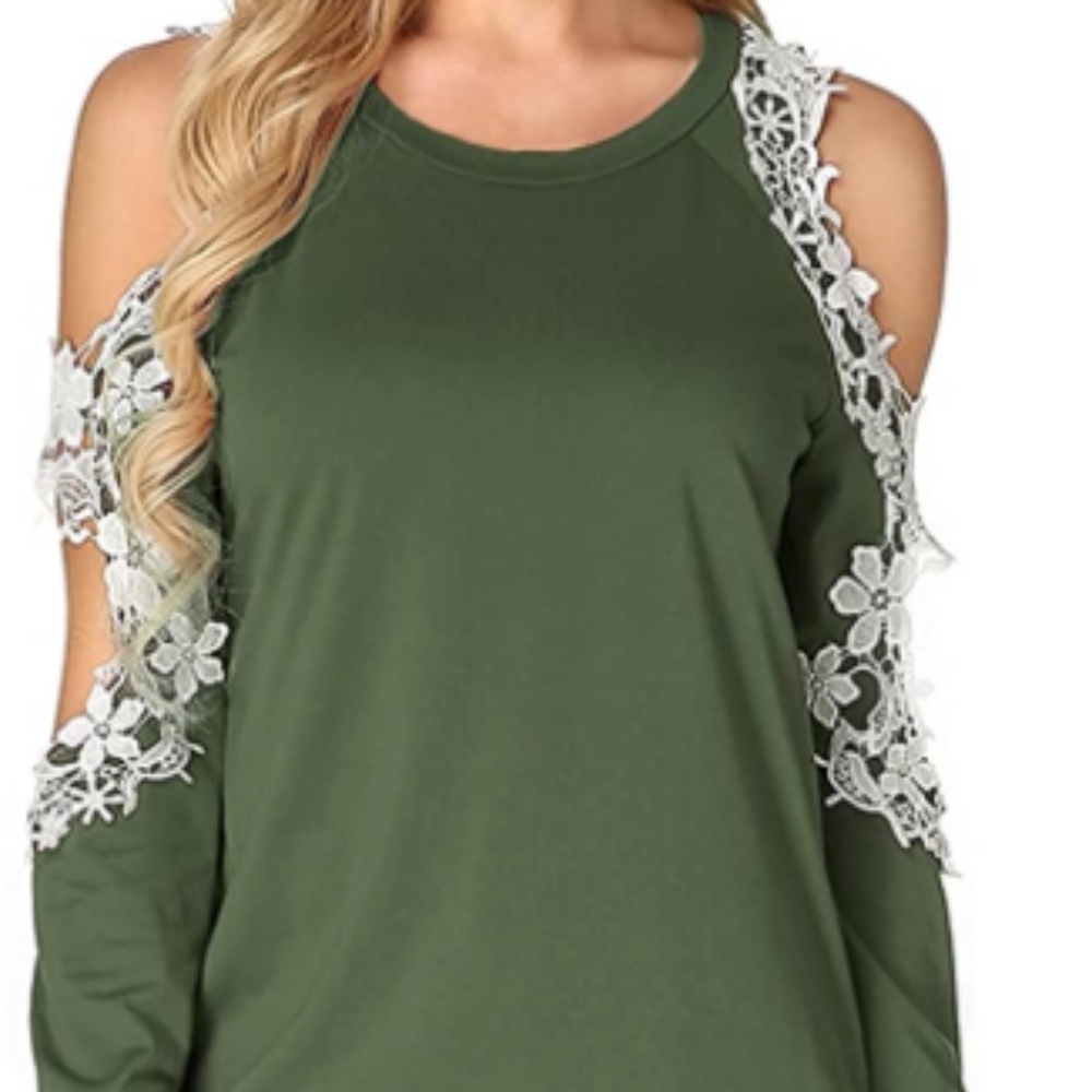 Womens Casual lace sleeve cold shoulder tee